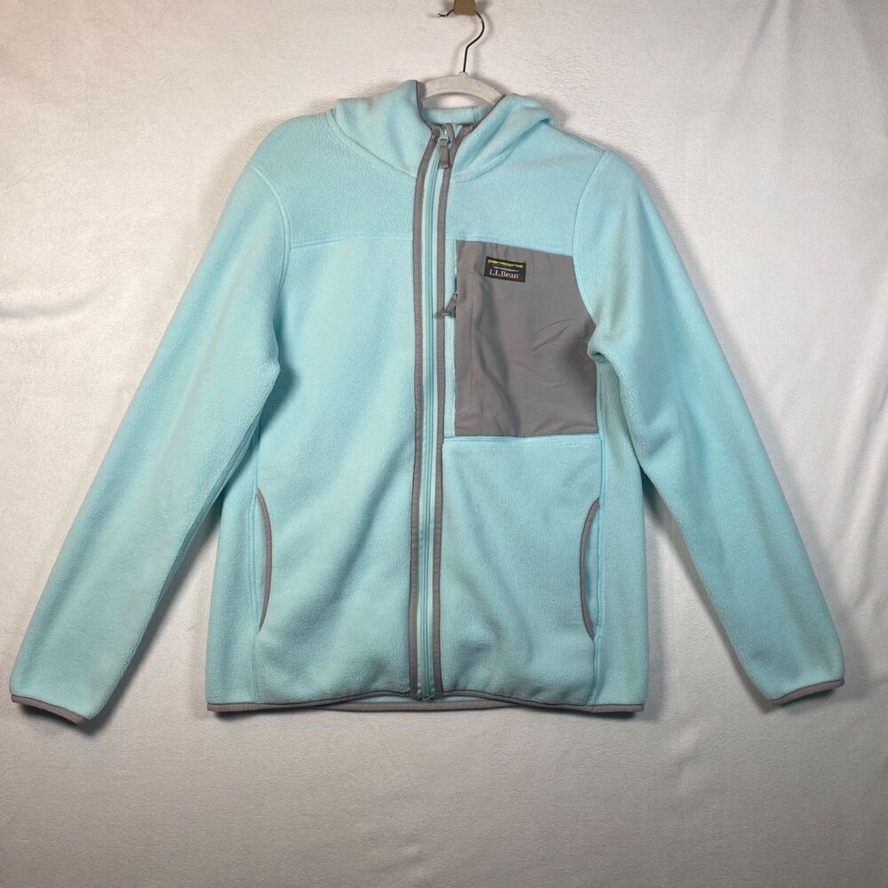 L.L. Bean Women’s Hooded Fleece Jacket Light Blue Gray Trim Full Zip Polyester
